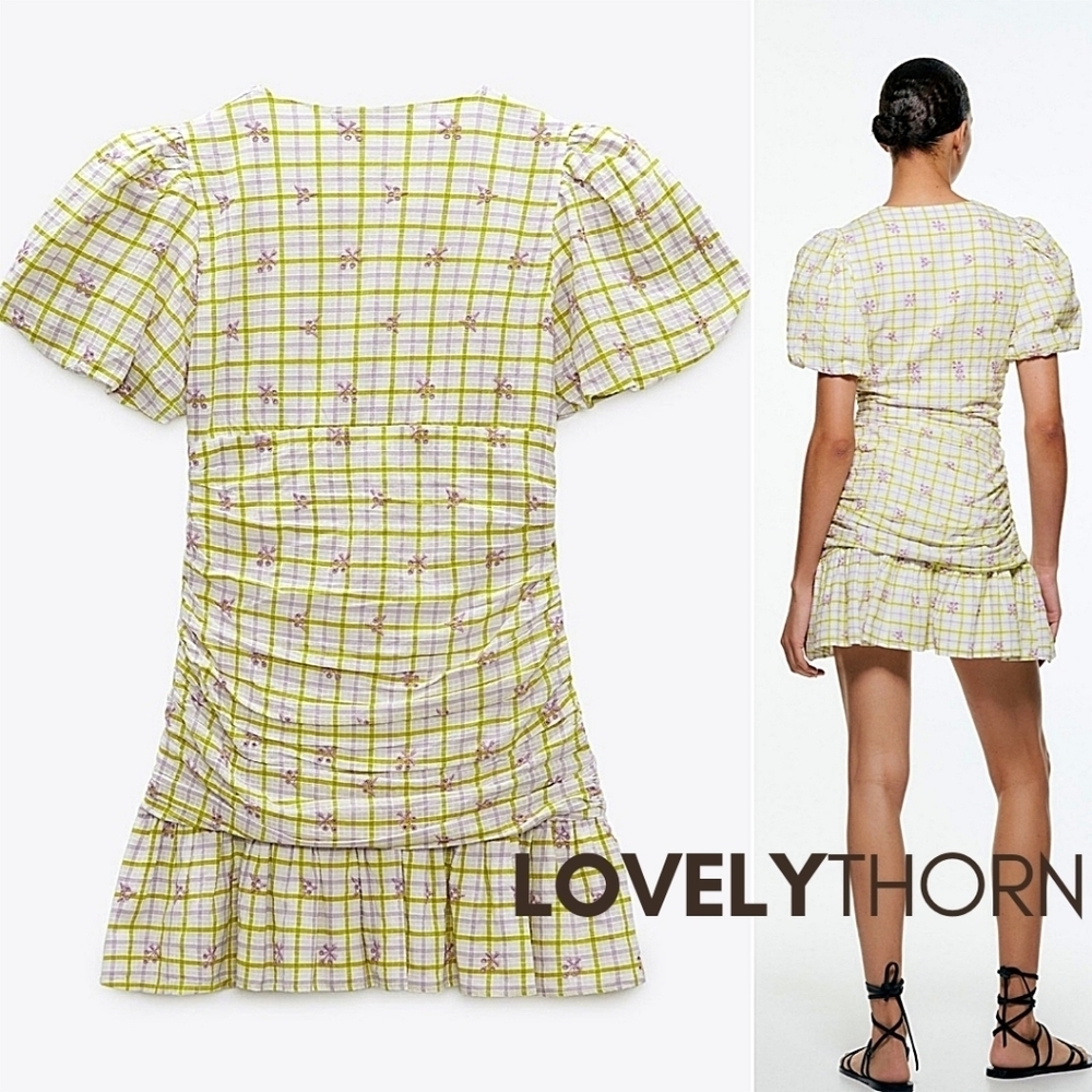 ZARA // floral checkered print plunge puff sleeve draped mini dress - Picture 13 of 13